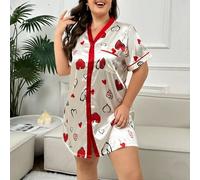 Shein Camisón de mujer talla grande con estampado de corazón satinado y ribete de color block, bata de lujo con solapa