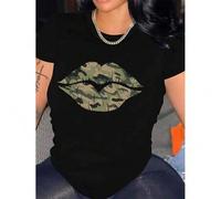 Shein Camo Lips Print Casual T-shirt, Crew Neck Short Sleeve Top For Spring & Summer, Women's Clothing