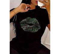 Shein Camo Lips Print T-shirt, Casual Short Sleeve Crew Neck Top Stylish All Season Women's Clothing