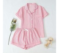 Shein [Campos Elegantes] Conjunto de pijama de 2 piezas con top de manga corta con cuello polo a rayas, bolsillos y shorts con lazo, cómodo y adecuado para