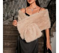 Shein Capa de noche sólida tipo tocado con flecos mullidos, capa de piel roja grande para invierno y fiestas