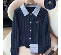 Shein Cárdigan corto de punto de estilo patchwork inspirado en bloggers de moda, 2 en 1. Cárdigan de estilo europeo y americano de color azul marino con tej