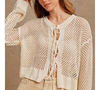 Shein Cárdigan de manga larga con cuello redondo, lazo delantero, tejido abierto, estilo boxy y corto, para uso casual de mujer en primavera y verano