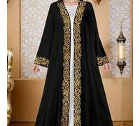 Shein Cárdigan de manga larga con estampado digital de bordado de patrón artístico, estilo abierto informal, adecuado para primavera y otoño, estilo árabe a