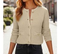 Shein Cárdigan de punto elegante para mujer, diseño de bolsillo con botones dorados de cuello redondo 2026, jersey de punto informal para oficinista