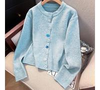 Shein Cárdigan de punto para mujer con vibra oceánica para la primavera, cárdigan de cuello redondo suave decorado con botones de estrella de mar y concha,