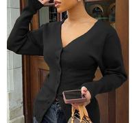 Shein Cárdigan de punto sólido marrón con escote en V profundo, elegante y sexy para mujer de Love & Bella. Suéter de punto con botones minimalista y ajusta