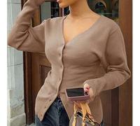Shein Cárdigan de punto sólido marrón con escote en V profundo, elegante y sexy para mujer de Love & Bella. Suéter de punto con botones al frente, minimalis
