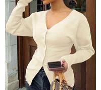 Shein Cárdigan de punto sólido marrón con escote en V profundo, elegante y sexy para mujer de Love & Bella. Suéter de punto con botones minimalista y ajusta