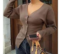 Shein Cárdigan de punto sólido marrón con escote en V profundo y elegante para mujer de Love & Bella, suéter de punto minimalista con botones delanteros aju