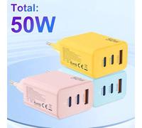 Shein Cargador rápido total de 50W con enchufe europeo, 2 puertos PD25W y QC3.0, puertos de salida Tipo-C + USB-A para iPhone 17/16/15/14/13/12 Pro Plus Pro