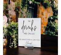 Shein Cartel de barra de boda de acrÃlico con soporte - Las bebidas son por nuestra cuenta, cartel de bebida de boda de acrÃlico negro o blanco para barra