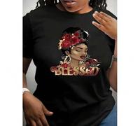Shein Casual Crew Neck T-Shirt, Polyester Knit Fabric with Elastane, Medium Stretch, with African American Graphic Print, for All Seasons