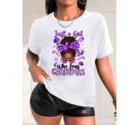Shein Casual Crew Neck T-Shirt with African American Girl Christmas Graphic, Polyester Knit Fabric, Medium Stretch, Spring/Summer/Fall - Women's Fashion Top