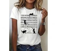 Shein Cat & Sheet Music Print T-Shirt, Casual Short Sleeve Top For Spring & Summer, Women's Clothing