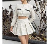 Shein Cazadora crop con estampado de cuadros con botón delantero & Falda fruncido