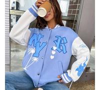 Shein Cazadora de universidad con estampado de letra de hombros caídos de dos tonos