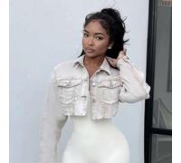 Shein Cazadora mezclilla crop con bolsillo con solapa bajo crudo