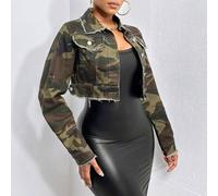 Shein Cazadora mezclilla crop con estampado de camuflaje bajo crudo