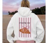 Shein C'est La Vie Sudadera con estampado de croissant para mujer, de algodón con forro de lana, de hombros caídos, de manga larga con cordón, suave y cómod