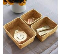 Shein Cesta de almacenamiento de paja de mar tejida a mano, caja de almacenamiento hecha a mano y creativa, cesta de almacenamiento de mimbre multiusos para