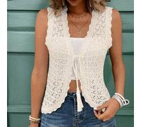 Shein Chaleco cárdigan de ganchillo hueco tejido de unicolor, adecuado para vacaciones de verano o temporada de bodas, top corto de verano, estilo francés