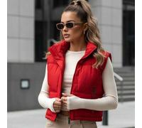 Shein Chaleco corto acolchado sin mangas para mujer, con cuello alto y cremallera, bolsillo con cremallera y bajo elástico. Confeccionado en tejido acolchad