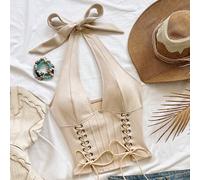 Shein Chaleco de ante beige claro con cuello en V y cordones, estilo deconstruido para mujer, top de verano campestre occidental para noche, vacaciones, boh