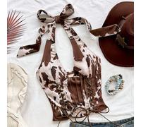 Shein Chaleco de ante deconstruido con cuello en V y lazo para mujer, beige, estilo western bohemio para verano, noche, vacaciones, festival de música, cruc