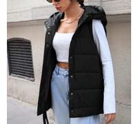 Shein Chaleco de mujer unicolor con acolchado tejido e aislante, chaqueta sin mangas con capucha, cuello regular, ajuste regular, largo regular, ropa de oto