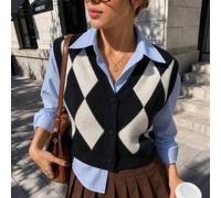 Shein Chaleco de punto argyle estilo preppy para mujer, cuello en V, sin mangas, con botones, para capas, para atuendos de Navidad, Halloween y Acción de Gr