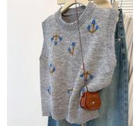 Shein Chaleco de punto bordado con flores, jersey sin mangas vintage para otoño, estilo preppy para volver al colegio, Acción de Gracias, Navidad