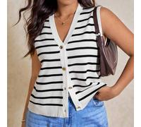 Shein Chaleco de punto casual de talla grande para mujer con diseño a rayas y abotonado sencillo, Curve Plus, Hoho Vacation