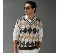 Shein Chaleco de punto con cuello en V y bloque de color con patrón de argyle para hombres, conjunto de ganchillo sin mangas, suéter de punto para hombres,
