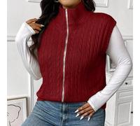 Shein Chaleco de punto de cuello alto para mujer de talla grande, diseño de textura de giro clásico, uso versátil diario, estilo universitario, cremallera,
