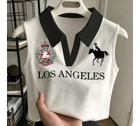 Shein Chaleco deportivo de estilo estadounidense con cuello polo sin mangas, con bordes negros contrastantes, estampado de Los Ángeles, top elástico y de se