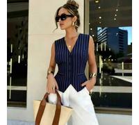 Shein Chaleco sin mangas ajustado con rayas verticales azul marino para mujer, estilo elegante de oficinista con ajuste ceñido para primavera