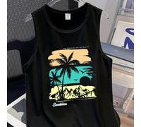 Shein Chaleco sin mangas con estampado de palmeras tropicales y bloques de color en un estilo simple y de moda para niños, adecuado para vacaciones de veran