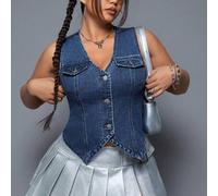 Shein Chaleco vaquero informal con cuello en V y cierre sencillo para mujer de talla grande
