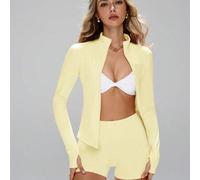 Shein Chaqueta académica elegante de manga larga con ojales para el pulgar, de estiramiento cómodo para danza/pilates, con cremallera frontal que afina la c