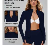 Shein Chaqueta académica elegante de manga larga con ojales para el pulgar, de estiramiento cómodo para danza/pilates, con cremallera frontal que estrecha l