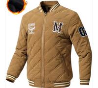 Shein Chaqueta acolchada y cálida de vuelo para hombres con puntadas en forma de diamante, cuello de béisbol acanalado, forro térmico, parche bordado con le