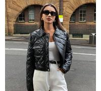 Shein Chaqueta ajustada con estilo de motocicleta, cuello regular, patrón de diamantes, acabado brillante para mujer, para otoño/invierno