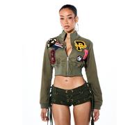 Shein Chaqueta Bomber Corta con Parches Varsity Cuello Alto Cremallera Completa Dobladillo Acanalado Estilo Streetwear
