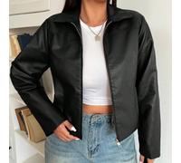 Shein Chaqueta casual con cremallera de manga larga, negra, para mujer de talla grande, para el invierno