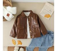 Shein Chaqueta casual de bebé niño con parche de cuero y solapa, de moda y fresca, adecuada para otoño/invierno, apropiada para salidas diarias, vacaciones,