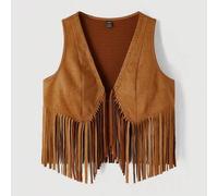 Shein Chaqueta casual de mujer de talla grande sin mangas de unicolor con flecos en el bajo de ante sintético, para uso en resort, otoño, festivales de músi