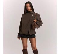 Shein Chaqueta casual elegante de mujer con cuello ancho alto, frente asimétrico holgado en marrón oscuro, vuelta al colegio, gabardina, adecuada para herma