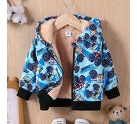 Shein Chaqueta con capucha de felpa para bebé niño, estilo vaquero casual, estampado lindo de coche, azul claro, para otoño/invierno, Holiday Club