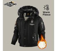 Shein Chaqueta con capucha gruesa y cálida para hombre para otoño/invierno, diseño de múltiples bolsillos con bordado de letras e iconos, forrada completame